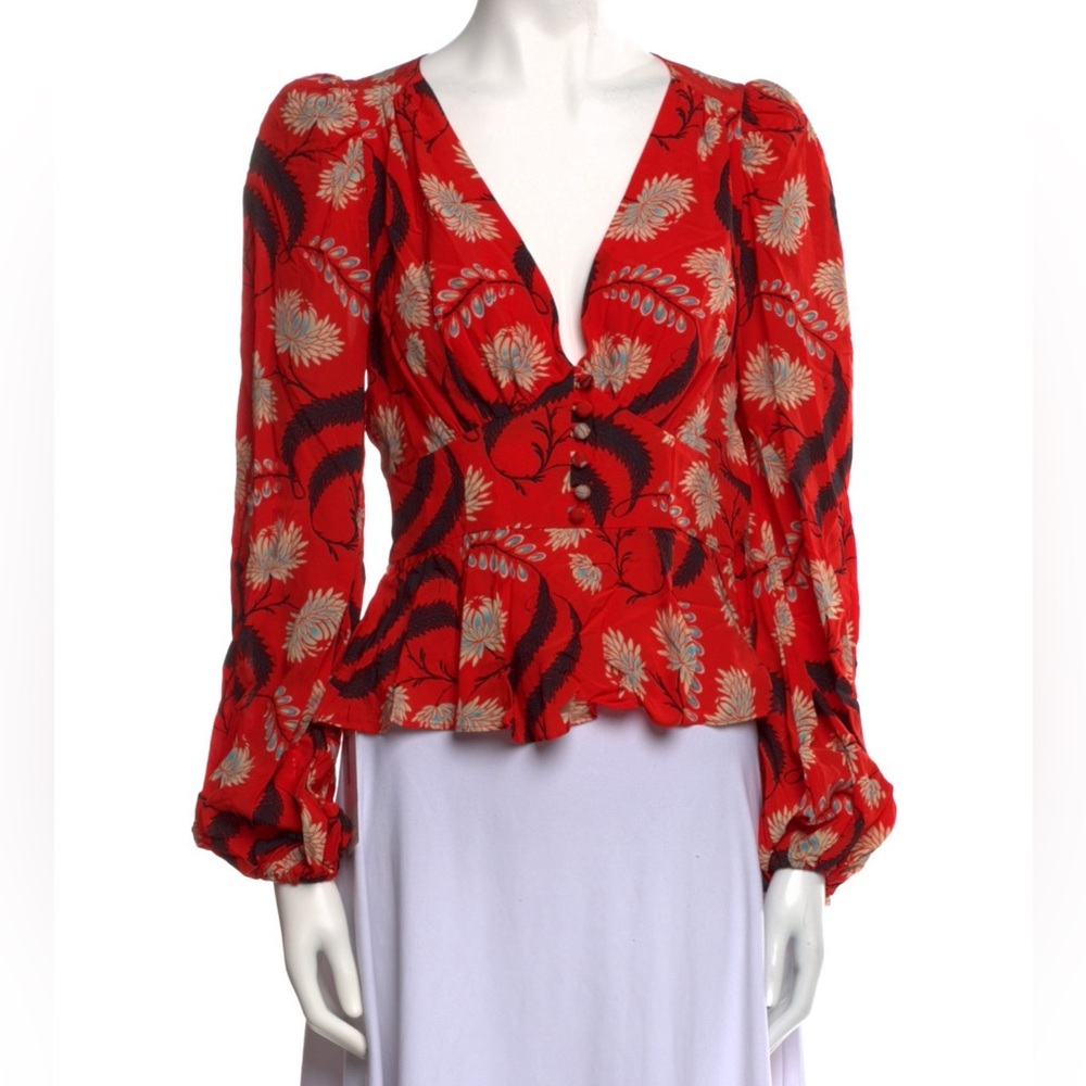 RHODE Red Floral Bronson Blouse Women's Size 4 Long Sleeve